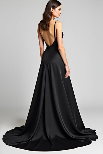 Spaghetti Remmar A Line Satin Svart Slips Klänning med Slits
